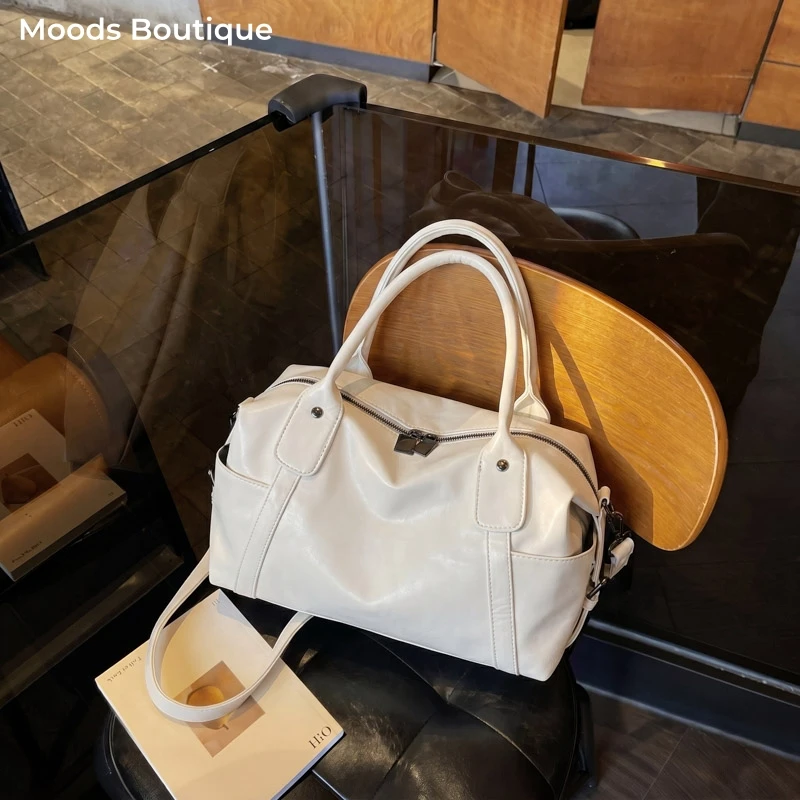 MOODS Praktische Schulter-Umhängetaschen für Damen, Veganes Leder, Einfarbige Bowling-Tasche, Große Kapazität, Einkaufs- und Reisehandtaschen