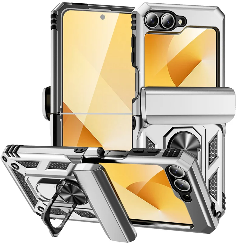 

For Samsung Galaxy Z Flip 6 5 4 3 5G Luxury Hinge Military Shock Resistant Ring Holder Phone Case Magnetic Protective Cover