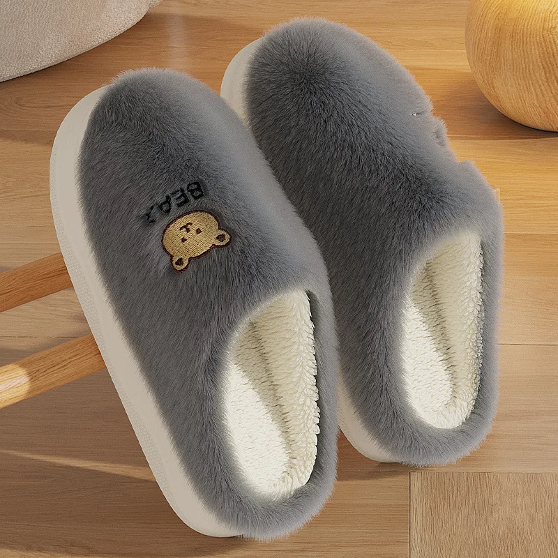 

Men Winter Home Slippers Women Soft Furry Floor Shoes Cute Cartoon Warm Plush Slides Couples Indoor Bedroom Non-Slip Slipper