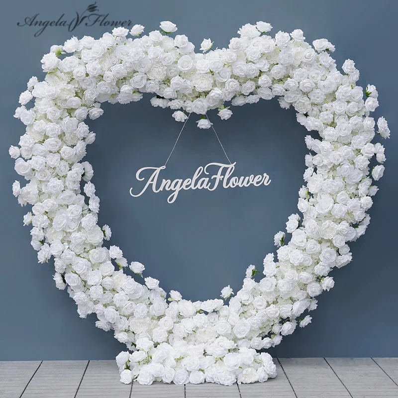 Cloth Base White Rose 5D Floral Row Arrangement Decor Wedding Backdrop Love Heart-Shaped Arch Frame Stage Flower Stand A8203