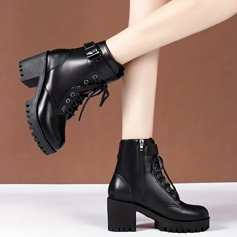 2024 Women\'s Solid Chunky Heel Boots Fashion Lace Up Shoes for Women Side Zipper Boots Stylish Buckle Strap Detailed Ankle Boots