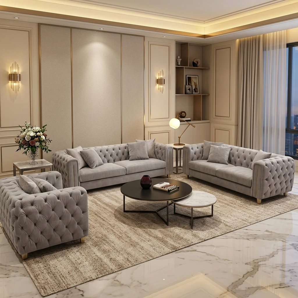 &Luxury Set Upholstered Furniture Postmodern Fancy Tufted Fabric Sofa for Villa