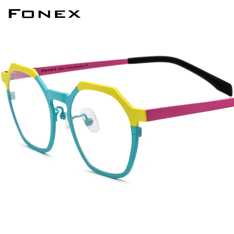 FONEX Pure Titanium Glasses Frame Women 2024 New Men Colorful Trendy Polygon Eyeglasses Eyewear F85814