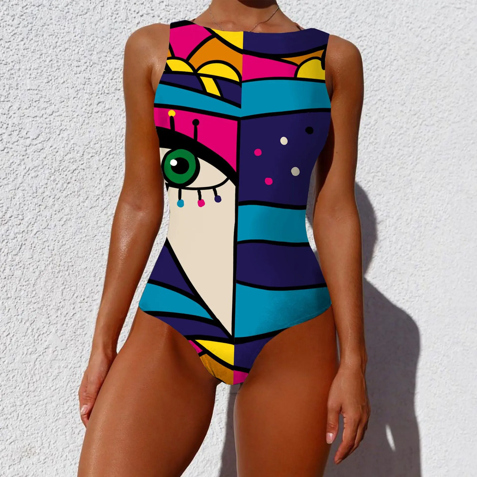 One Piece Swimsuit 2023 New Vintage Bikini Personality Abstract Print Beach Wear Backless Sleeveless Swimwear Women