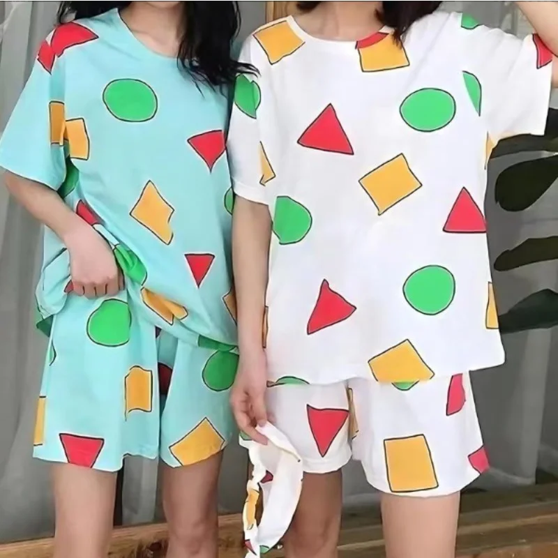 

Short-Sleeved Pyjamas Women's Summer Cartoon Cute Geometric Nightwear Homewear Casual Pullover Shirt Ladies Sleepwear Loungewear