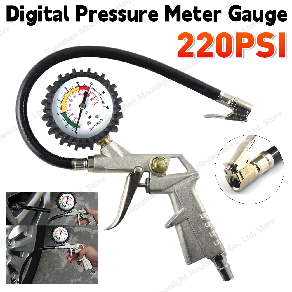 Digital Dial Pressure Meter Gauge 220 PSI Tyre Pressure Gun Compressor Tool With Inflation Deflation Function for Car Auto