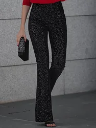 Party Night Clubwear Black Sequined Trousers Women Summer High Waist Slim Flare Pants Streetwear Casual Femme Glitter Long Pants