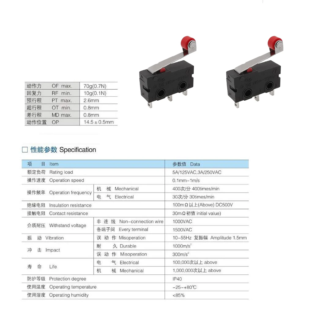 Micro Limit Switch KW12-3 AC 250V 5A SPDT 1NO 1NC Micro Switch Normally Open Close Limit Switch with Roller Lever Arm Black