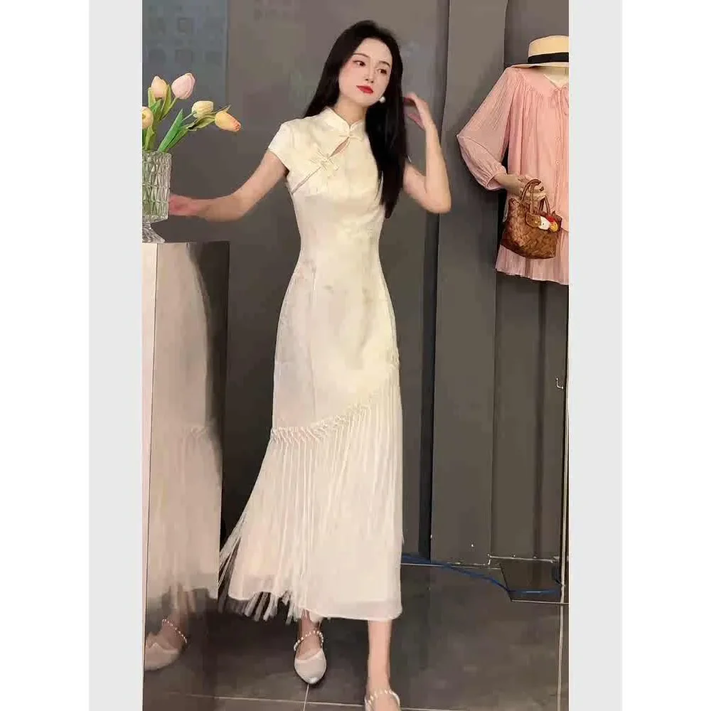 Women’s Qipao Maxi Dress Mandarin Collar Cap Sleeve Floral Jacquard Tulle Tassel Split Hem Cheongsam Wedding Guest Gown Vestidos