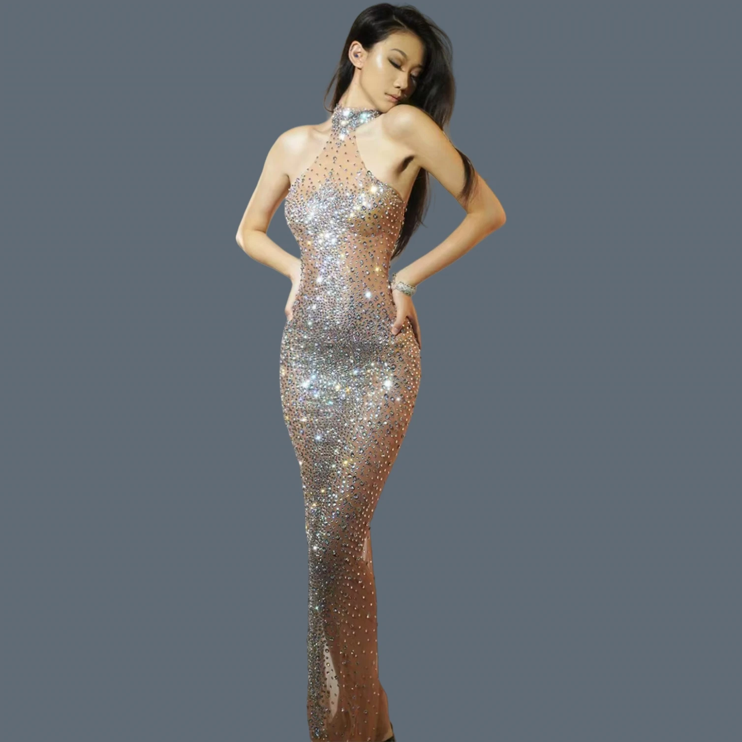 กิจกรรมผู้หญิง Halter Rhinestone เซ็กซี่ชุด Bodycon SHEER ตาข่าย Maxi หรูหราอาหารค่ําชุดราตรีวันเกิด PARTY Queen สวม Jianbian