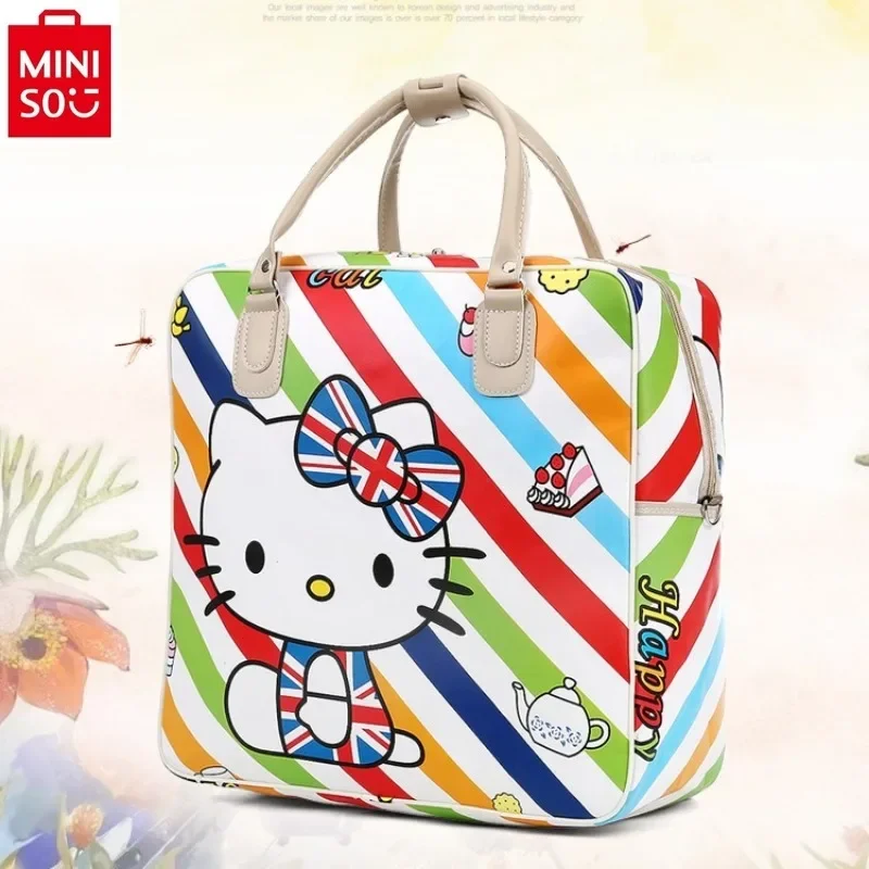 MINISO Sanrio Cartoon Hello Kitty Printed Travel Bag Women's PU Waterproof Large Capacity Multi functional Luggage Storage Bag