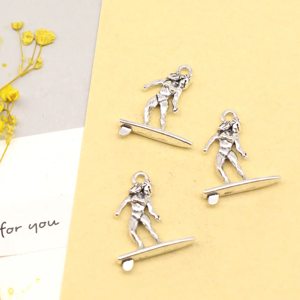 10pcs 19x23mm Surfing Charms Pendant Handmade Products Vintage Jewelry Antique Silver Color