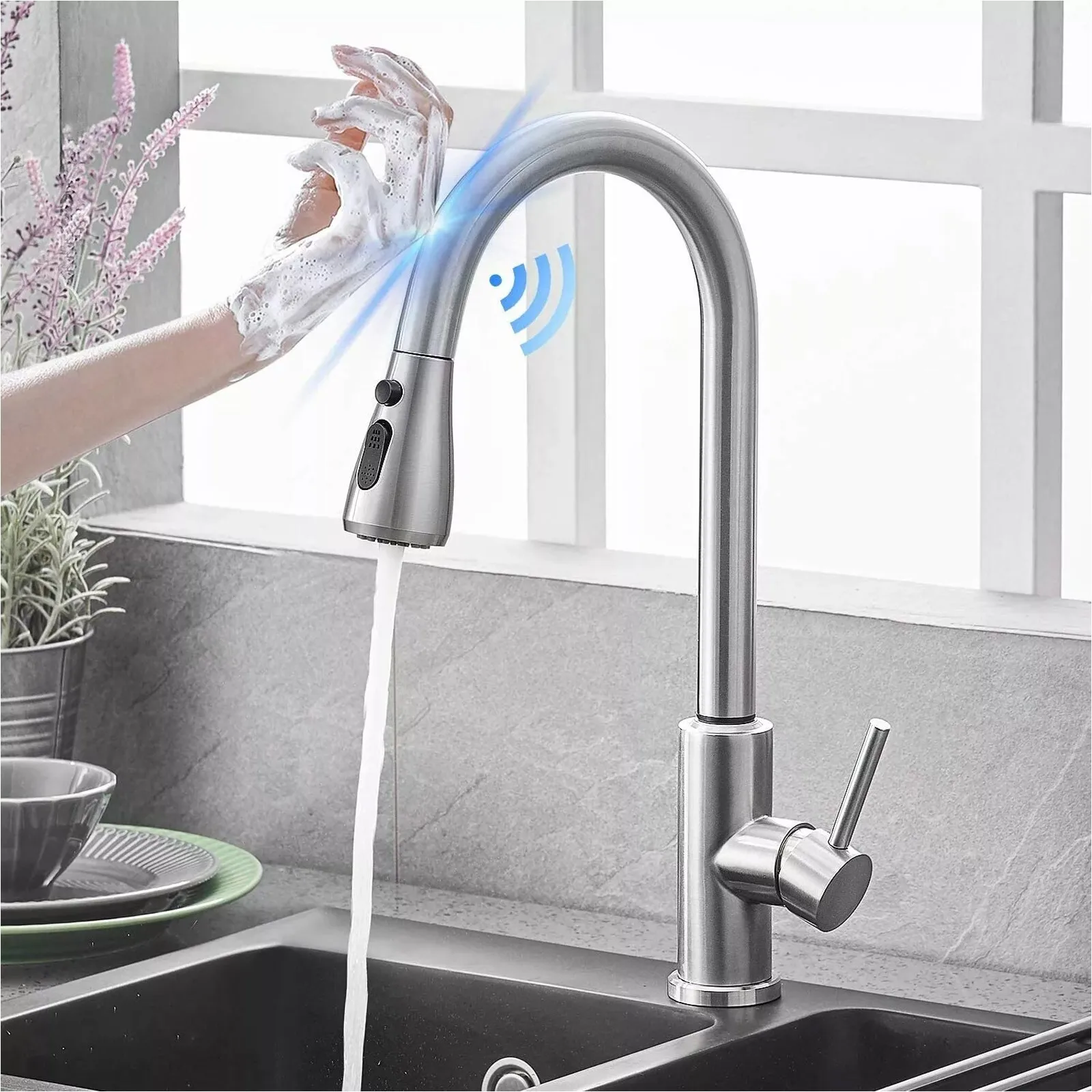 

Touch Sensor Brushed Nickel Kitchen Sink Faucet Pull Down Sprayer Swivel Mixer