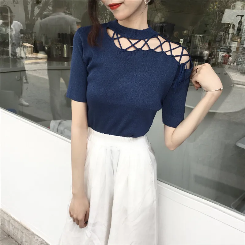 Korean Chic Hollow Out Bandage Short Sleeved T-shirt Women\'s Summer Round Neck Pullover Solid Color Slim Fit Knitted Bottom Tops