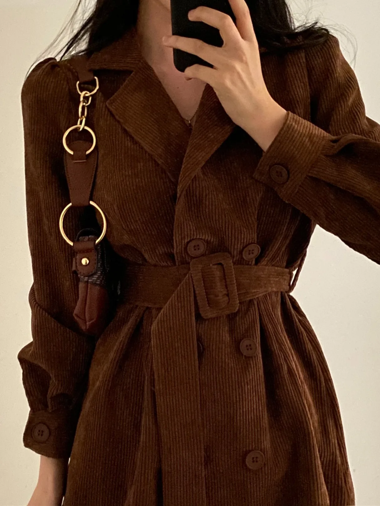 Slimming A-Line Dr Faionable Lapel Single Button Corduroy Waist Cinching Slim Fit Dr for Women Autumn New Sle