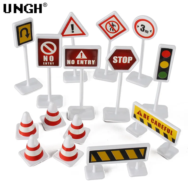 15Pcs/Set Toddler Mini Traffic Signs Model Toy Road Block Children Safety Education Kids Puzzle Traffic Toys Boys Girls Gifts