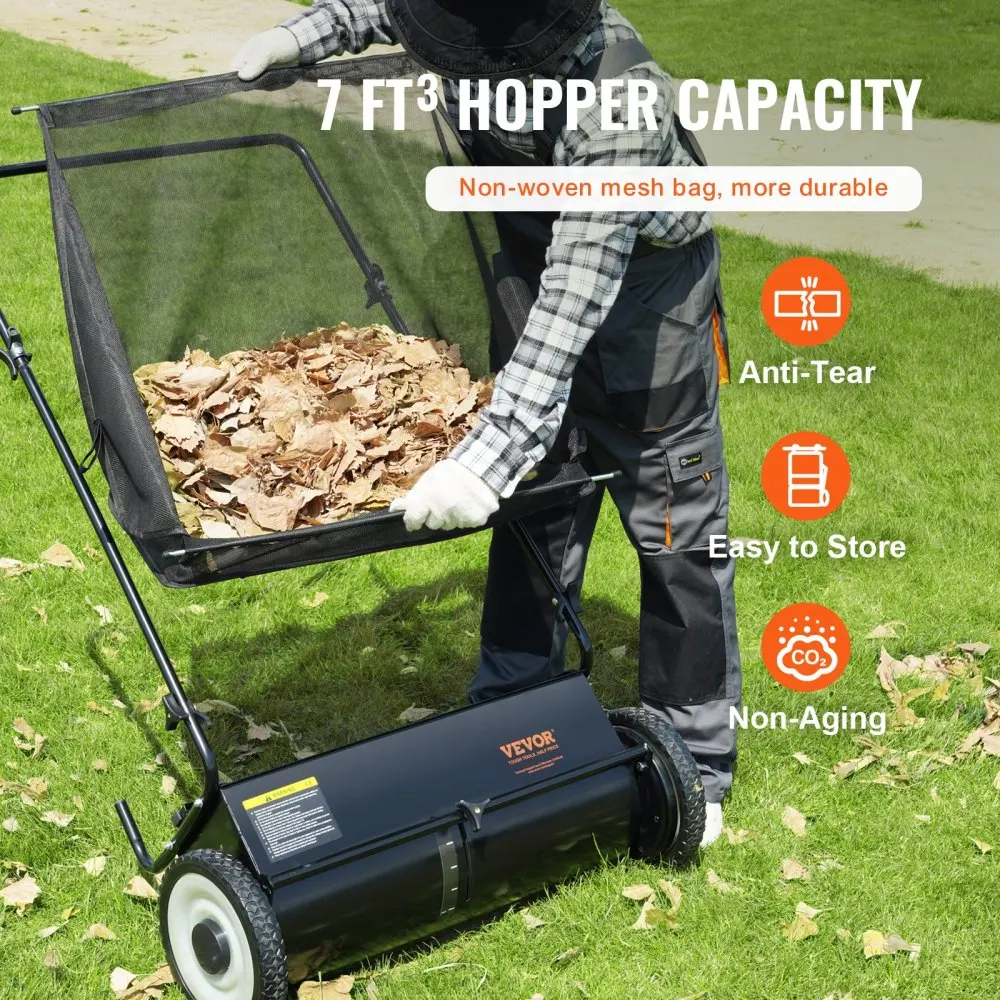 

26 Inch Push Lawn Sweeper Leaf Grass Collector Heavy Duty Steel 4 Spinning Brushes Rubber Wheels 7ft³ Large Mesh Bag Yard Garden