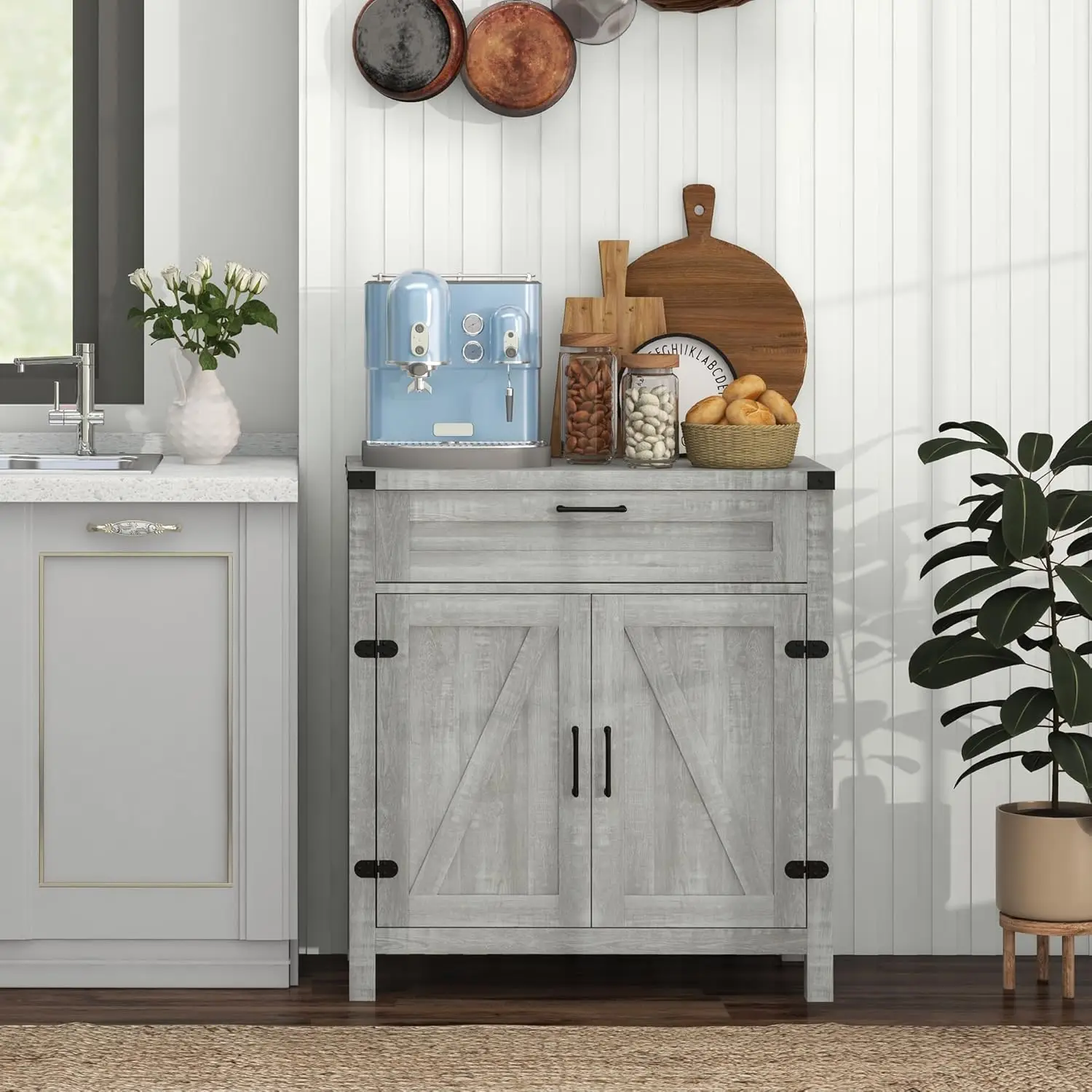 Sideboard Buffet Cabinet with Storage Drawer, Modern Farmhouse Kitchen Cabinet with 2 Barn Doors, Coffee Bar Cabinet