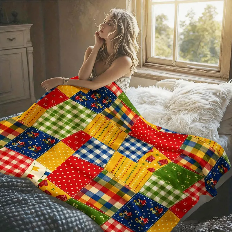 Country Patchwork Quilt Flannel Blanket Warm Soft Halloween Christmas Decorative Couch Warm Cozy All-Season Gift