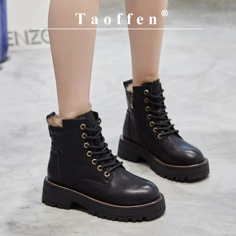 

Taoffen Keep Warm Ankle Boots Women Lace up Thick Plush Block Heels Round Toe Anti-slip Boots Thick Water Proof Zipper Shoes