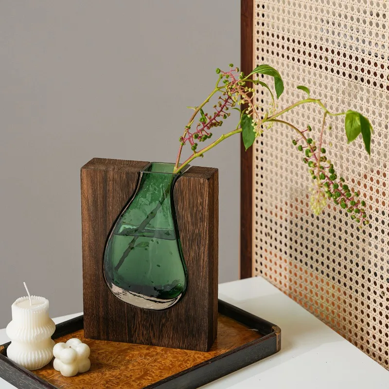 Creative Wooden House Glass Vase Hydroponic Flower Plant Decorative Ornament for Home Dining Table Living Room Hotel