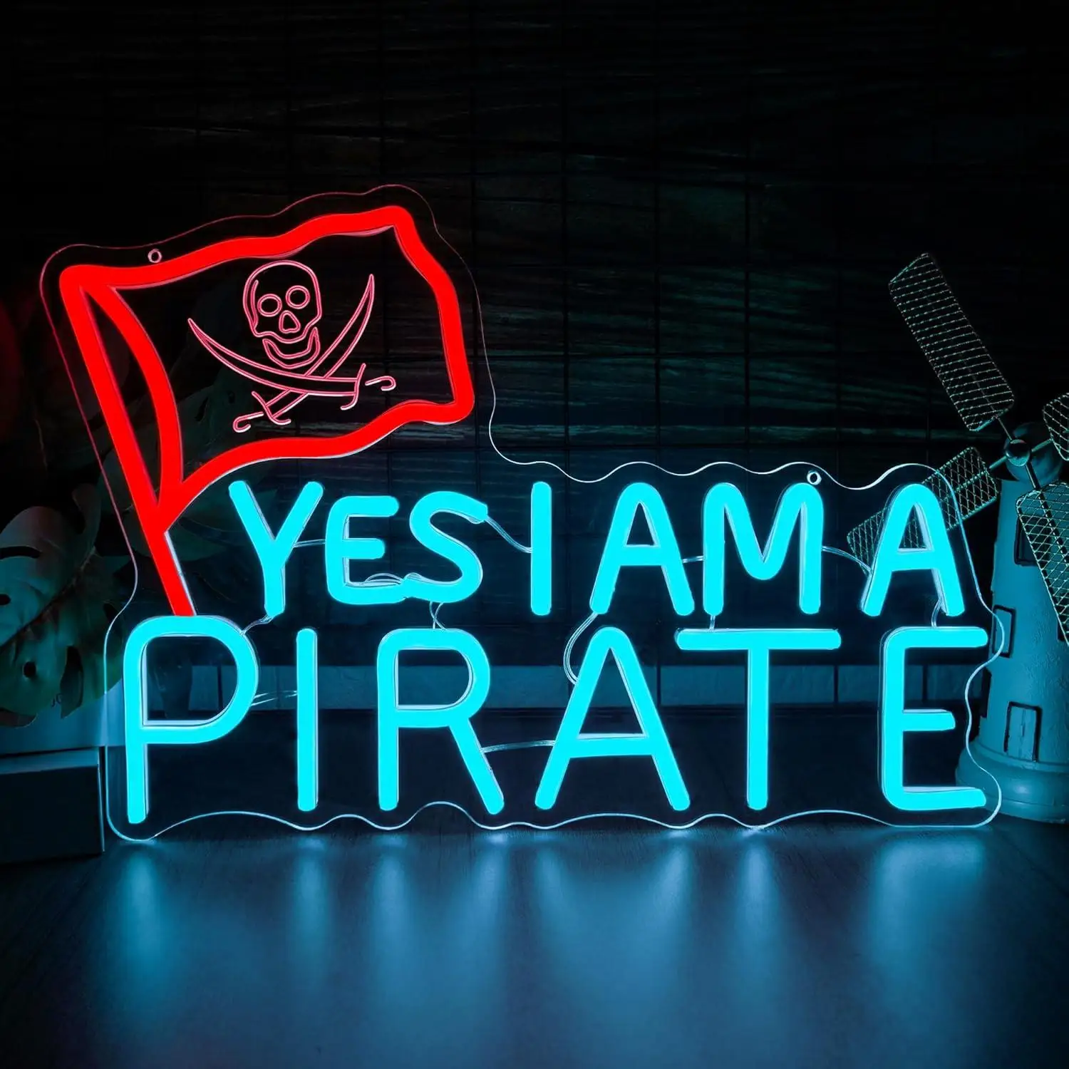 Letrero de Neón Pirata con Luz LED 'SI SOY PIRATA', Decoración Náutica de Pared con Calavera y Huesos Cruzados para Habitación de Niños, Sala de Juegos, Bar, Cueva del Hombre, Regalos