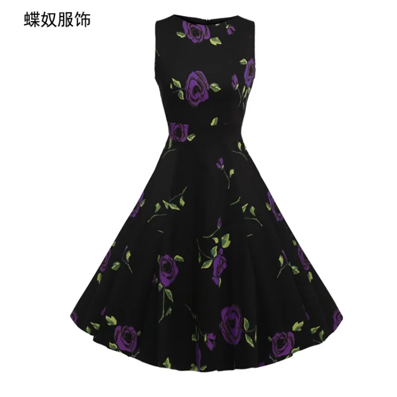 

Spring/Summer 2023 Large Women's Dress Temperament Round Neck Sleeveless Waist Wrapped Flower Large Swing Mid length Dress