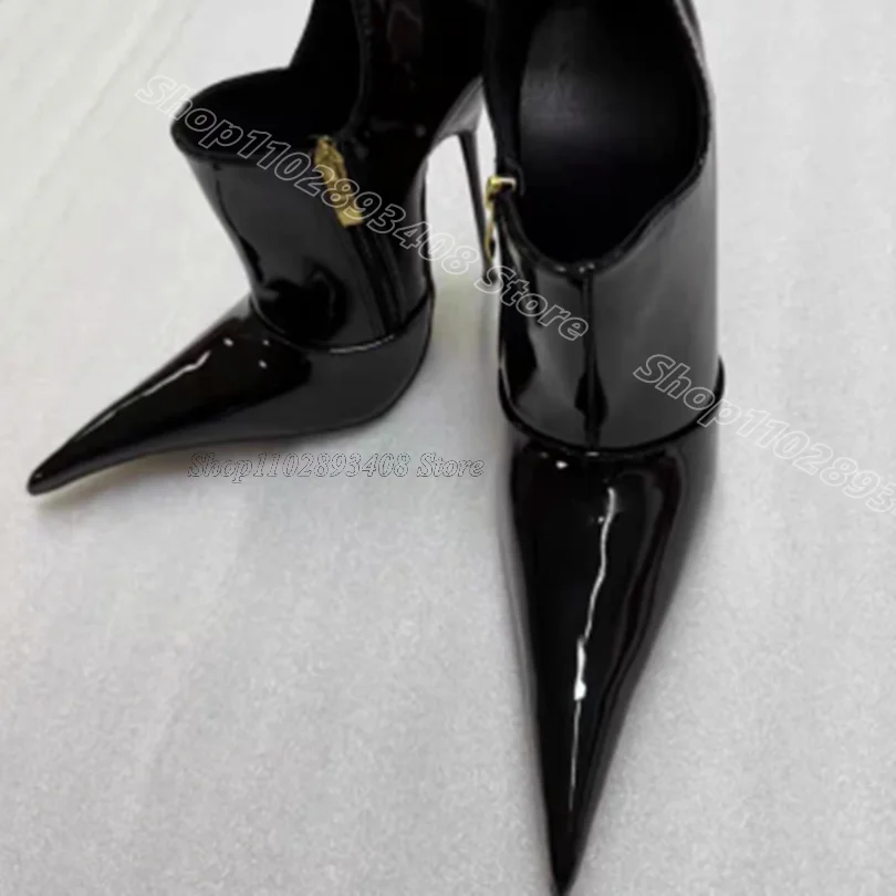 

Black Metal Heels Pumps Pointed Toe Solid Patent Leather Stylish Side Zipper Women Party Casual Sexy Pumps Zapatos Para Mujere