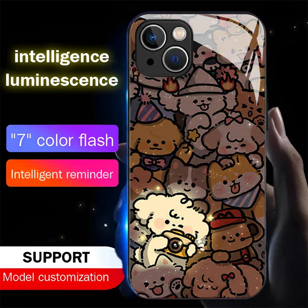 Cute Poodle Design Smart LED Light Glow Tempered Glass Phone Case For Samsung S24 S23 S22 S21 S20 FE Note 10 20 Plus Ultra A54