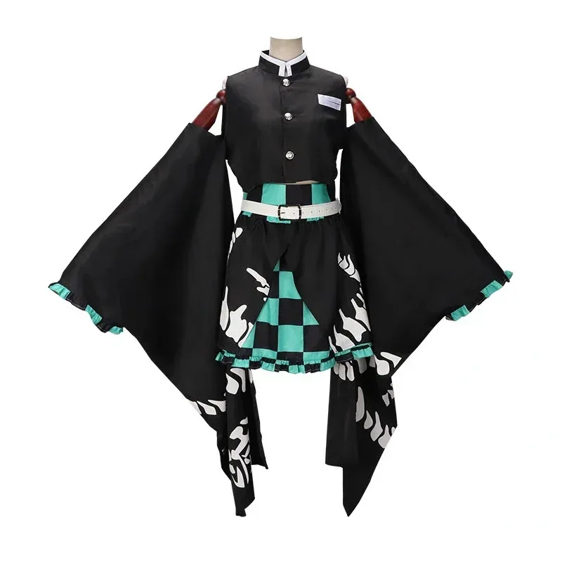 Anime Demon Kamado Tanjirou Cosplay Costume Kimono Skirts Complete Wig Role Playing Game For Women Halloween Evening Party Carni