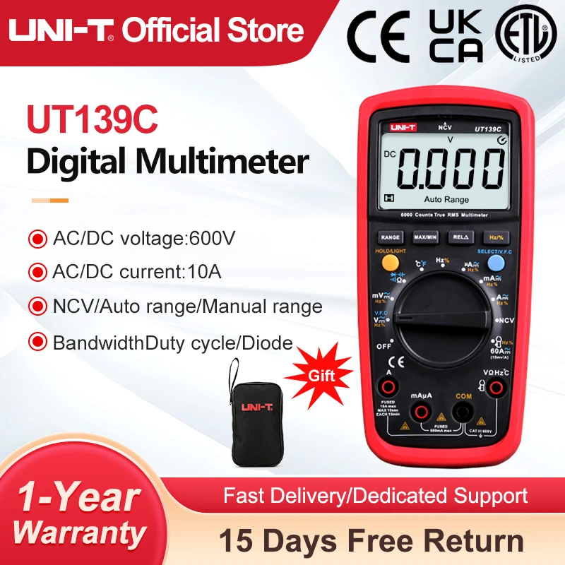 UNI-T UT139C UNIT Digital Multimeter Auto Range True RMS Meter Capacitor Tester Handheld 6000 Count Voltmeter Temperature