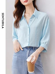 SENTUBILA Light Blue Women's Casual Shirts 2024 Loose Summer Tops Simple Three Quarter Drop Sleeve Shirts & Blouses for Women