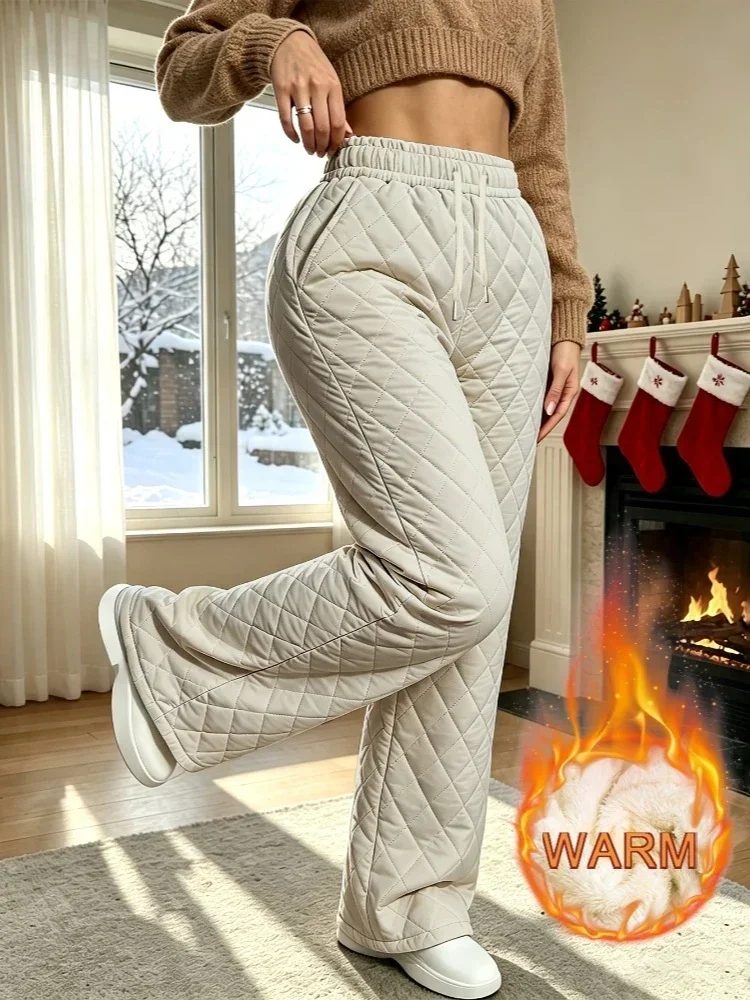 Winter Quilted Rhombus Plush-Lined Pants Woman Thickened Draping Outer Wear Cold-Proof Trousers Fleece Lined Long Parkas Pants