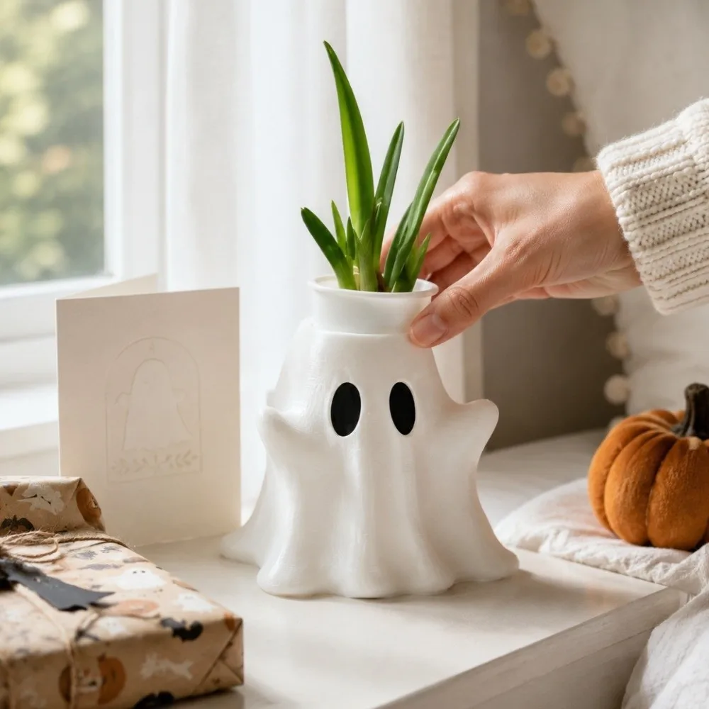 3D Printed White Ghost Vase Creative Succulents Halloween Flower Pot Decorative Small Water Planting Planter Cafe Decorations