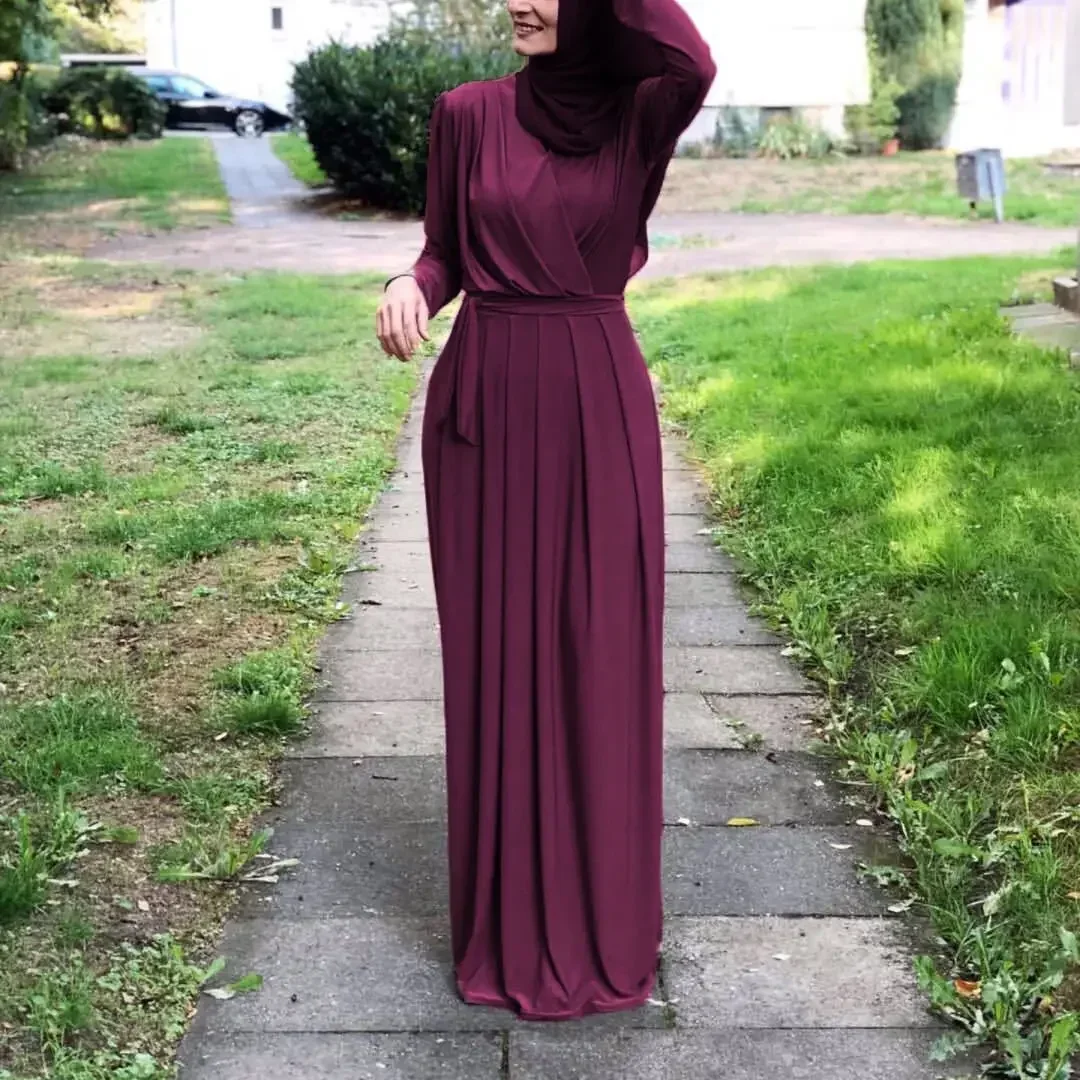 Women Middle East Abaya Dress Islamic Clothing Solid Color Turkey Caftan Hijab Saudi Muslim Solid Dress Abaya Floor-length Dress