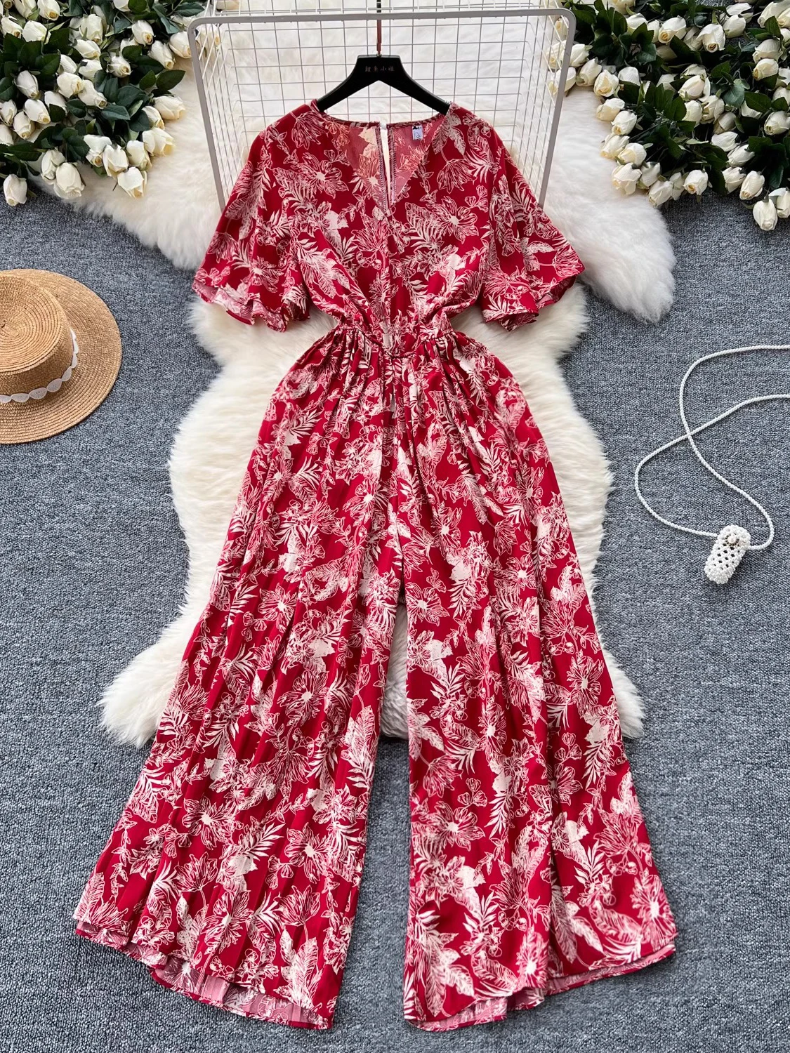 Summer Casual Women Print Romper Vintage V-Neck Short Sleeve High Waist Draped Wide Leg Jumpsuit Female New Fashion 2024