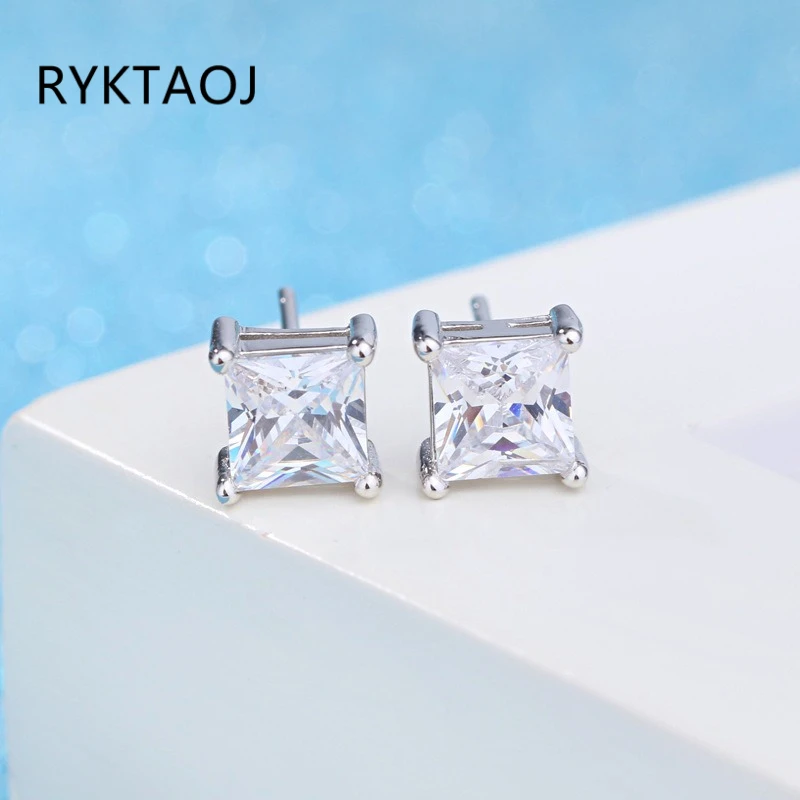 925 Sterling Silver Princess Cut Square Stud Earrings for Women Four Prong Clear Cubic Zirconia Ear Studs Fine Jewelry Gift