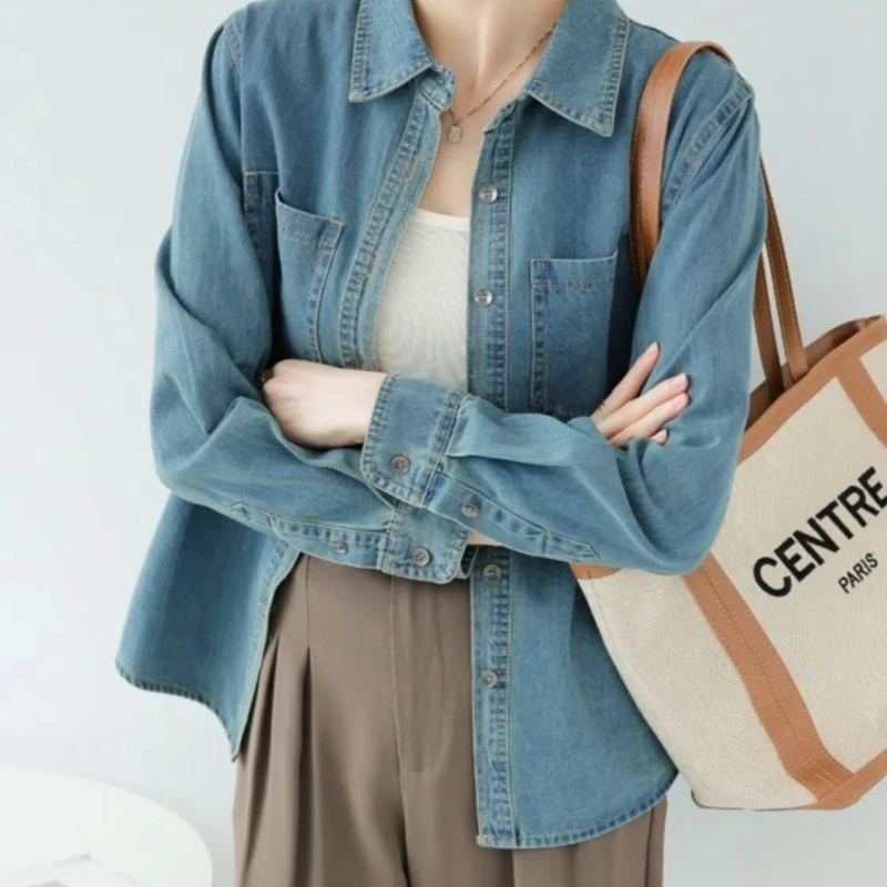 Washed Retro Blue Denim Shirt Women\'s New Style Front Shoulder Folded Cotton Shirt Cardigan Thin Jacket