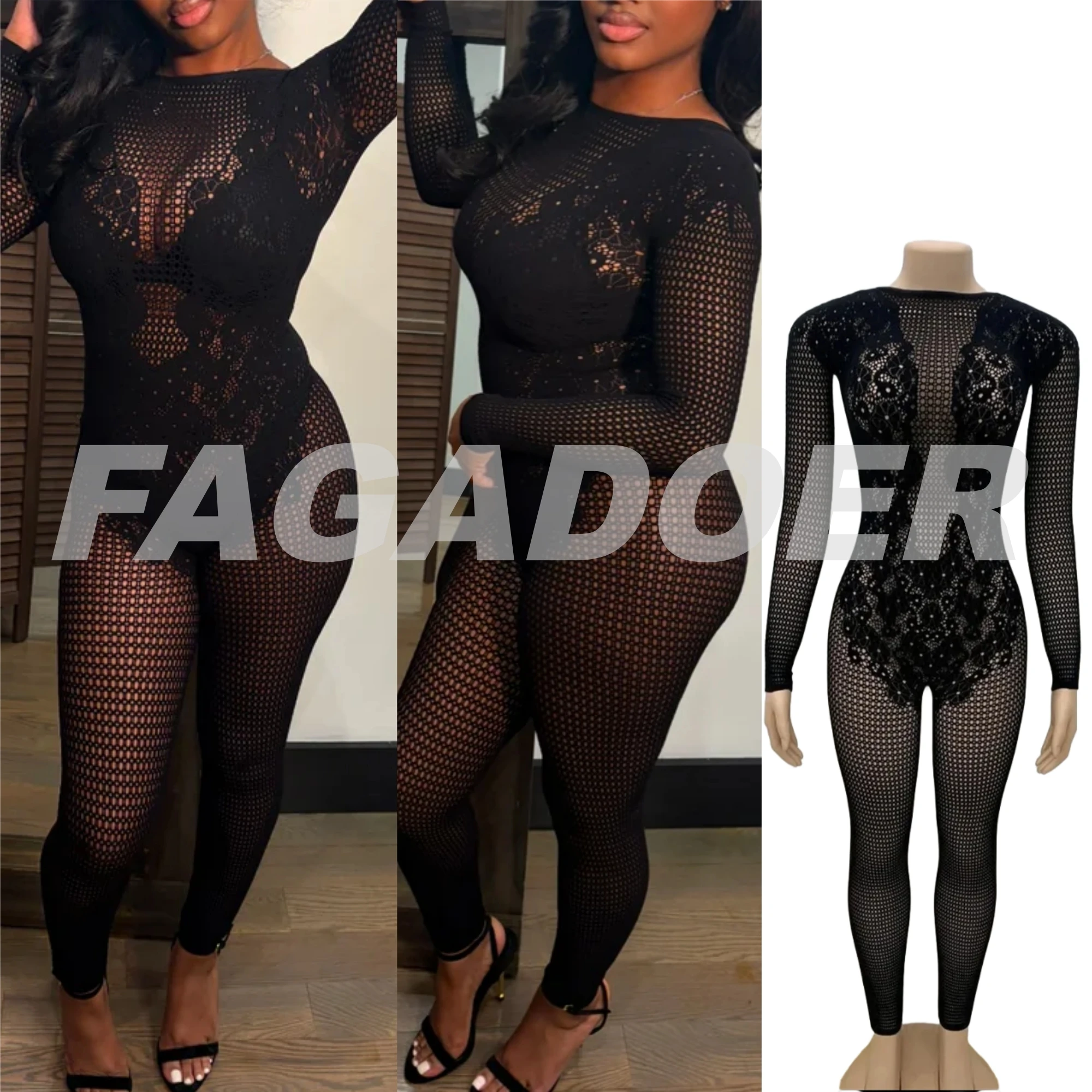 

FAGADOER Black Sexy Hollow Perspective Bodycon Jumpsuits Women Round Neck Long Sleeve Slim Playsuits Fashion Thick Lace Overalls