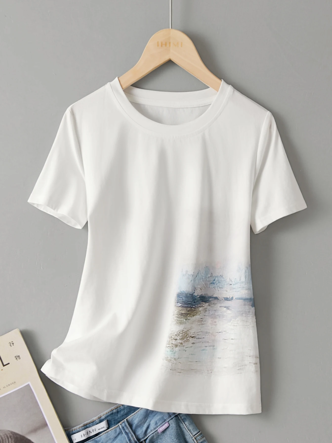 

Summer Women's Simple Printed T-shirt 2024 Fashion Women's Impressionist Oil Painting Printing Simple Casual Commuter T-shirt