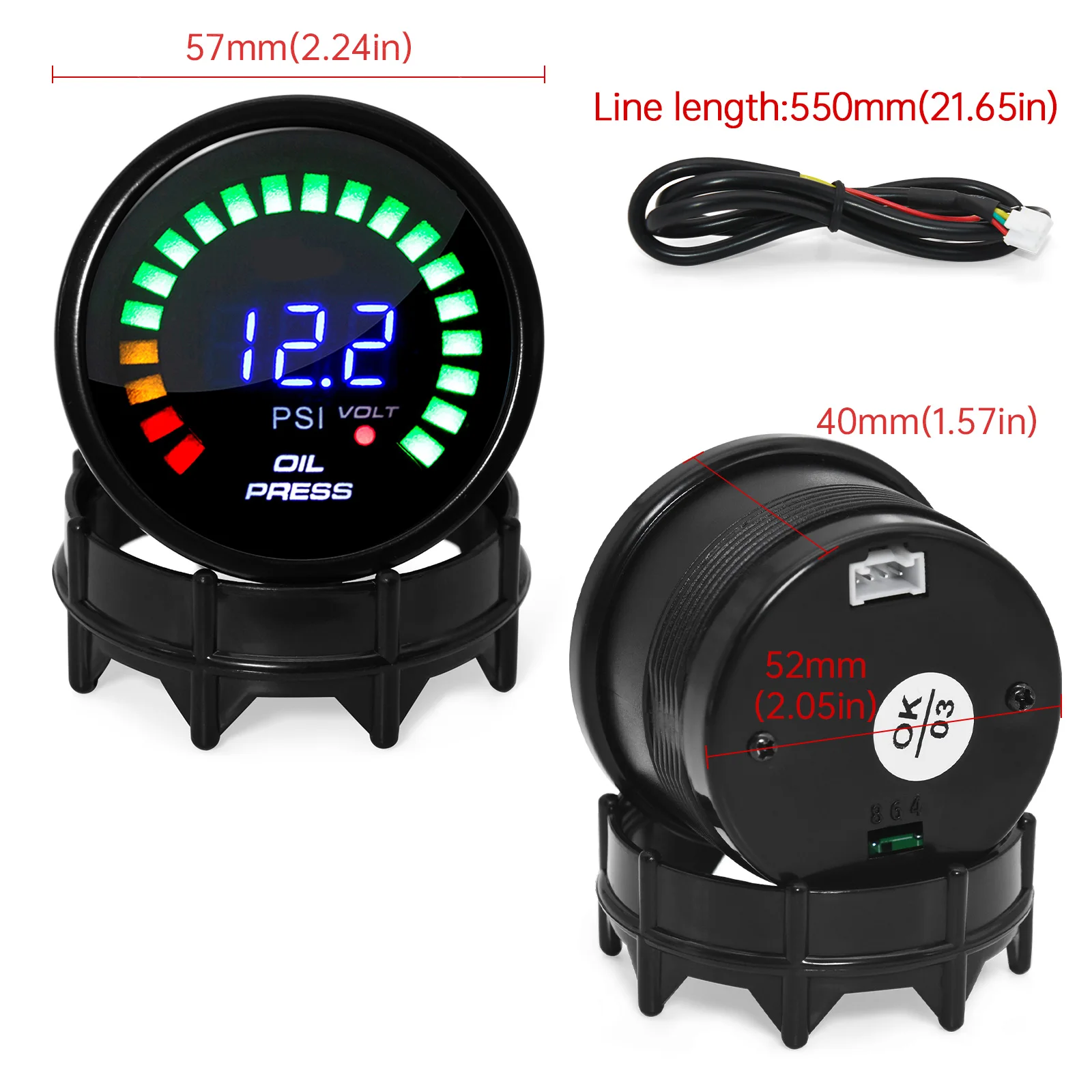 Kit Jauge Pression D’Huile 52 Mm 0-100 PSI 12V – Compteur Universel Noir + Capteur & Support, Voiture Moto Tuning