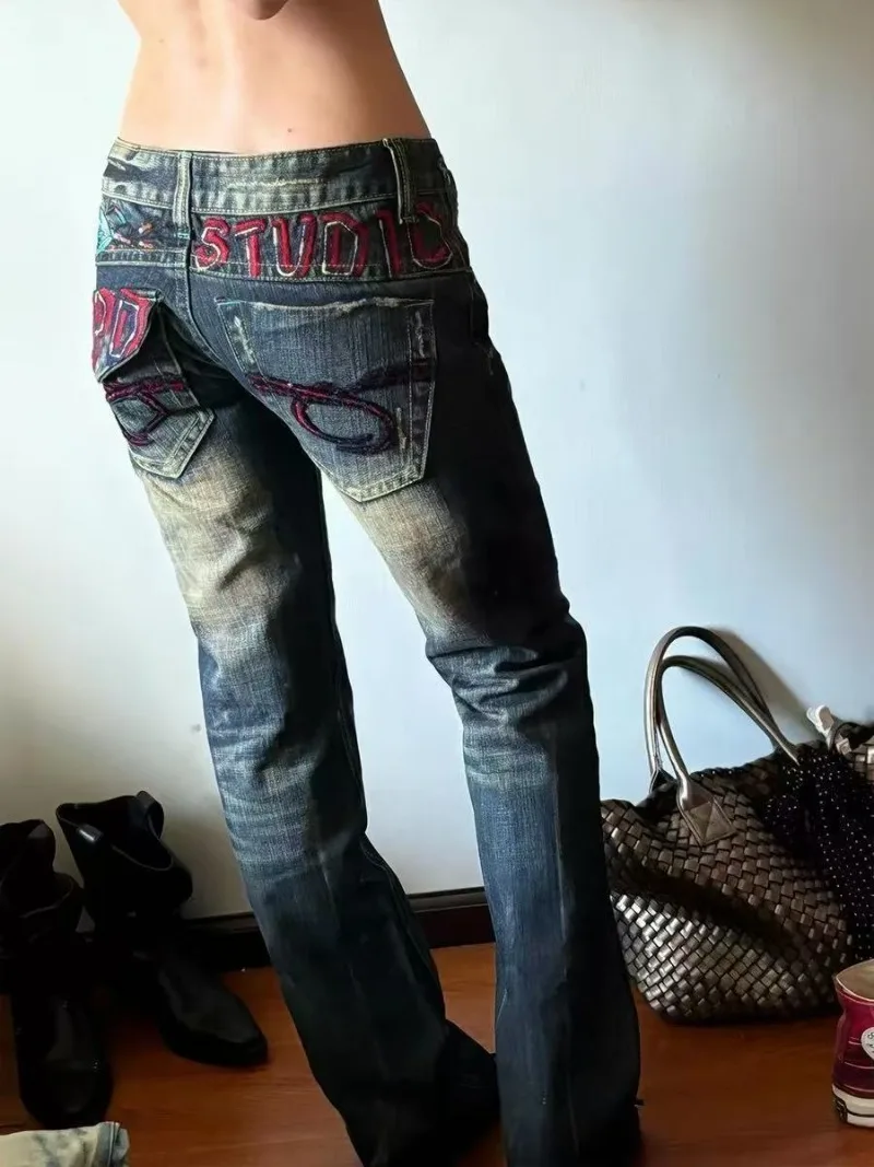 American Spice Girl Subculture Old Micro-pull Jeans Children Retro Design Sense Heavy Industry Embroidery Low-rise Floor Pants view 5