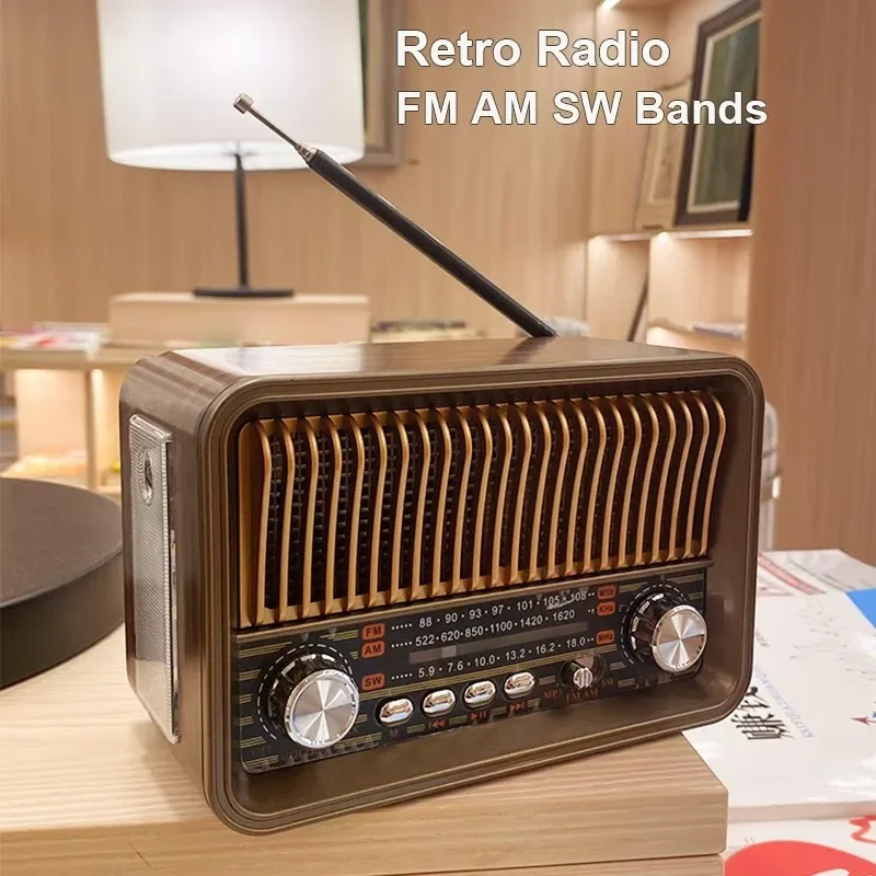 Portable Retro Radio Bluetooth FM AM SW Multi-band Vintage Radios Wireless Speaker with LED Flashlight Support TF Card U Disk