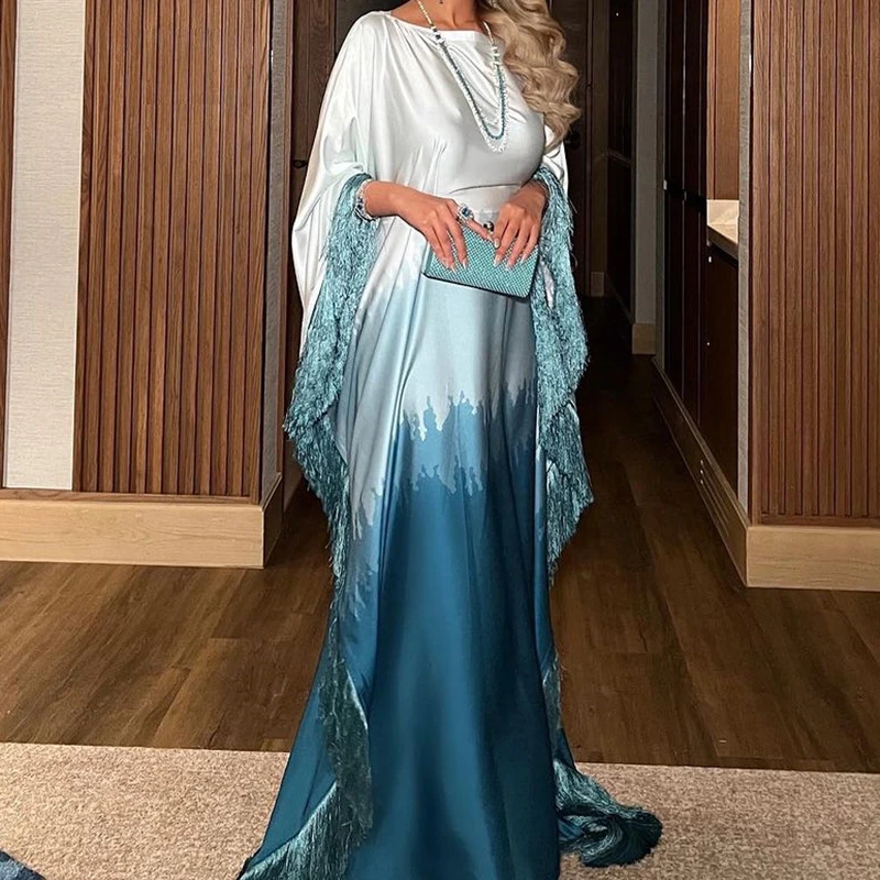 Banquet 2024 Gradient Crew Neck Party Dress Women Chic Tassel Design Loose Maxi Robe Dress Elegant New Long Sleeve Gala Gowns