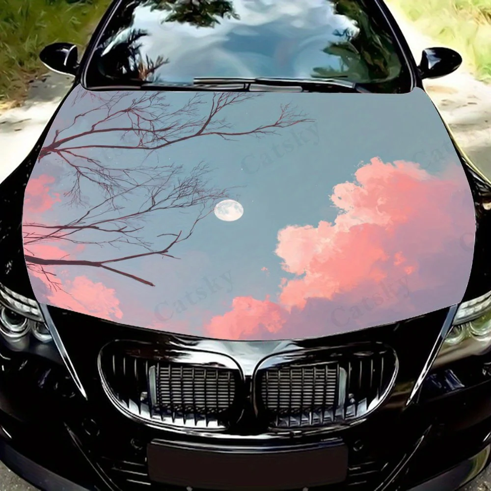 Moonlit Sky and Tree Branch Car Hood Vinyl Wrap - Waterproof, Self-Adhesive, Surface Protection Decal Sticker For Auto Engine,Re