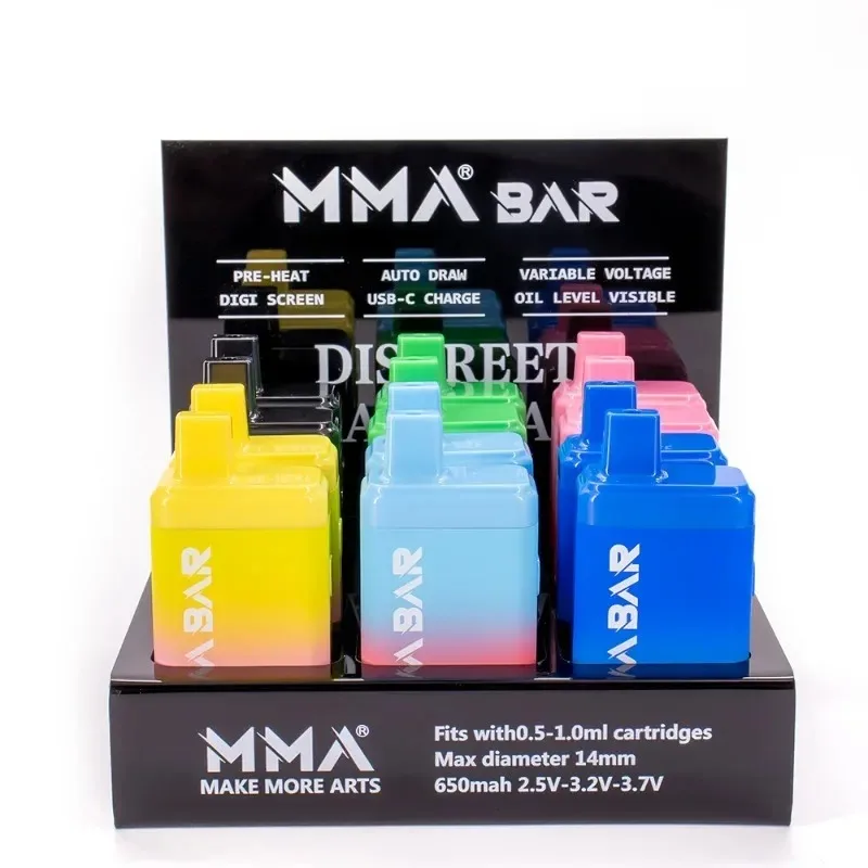 MMABAR Vape Mod ricaricabile con schermo a tensione variabile 650 mAh Precalaldatura VV 510 Batteria filettata per cartucce d\'olio spesse Carrelli