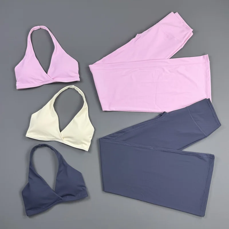 HISTELLO 2 Pieces Women Origin Set Halter Sports Bra High Waist Flare Yoga Pants Outfit  Soft Stretch Gym Pilates Workout Suit