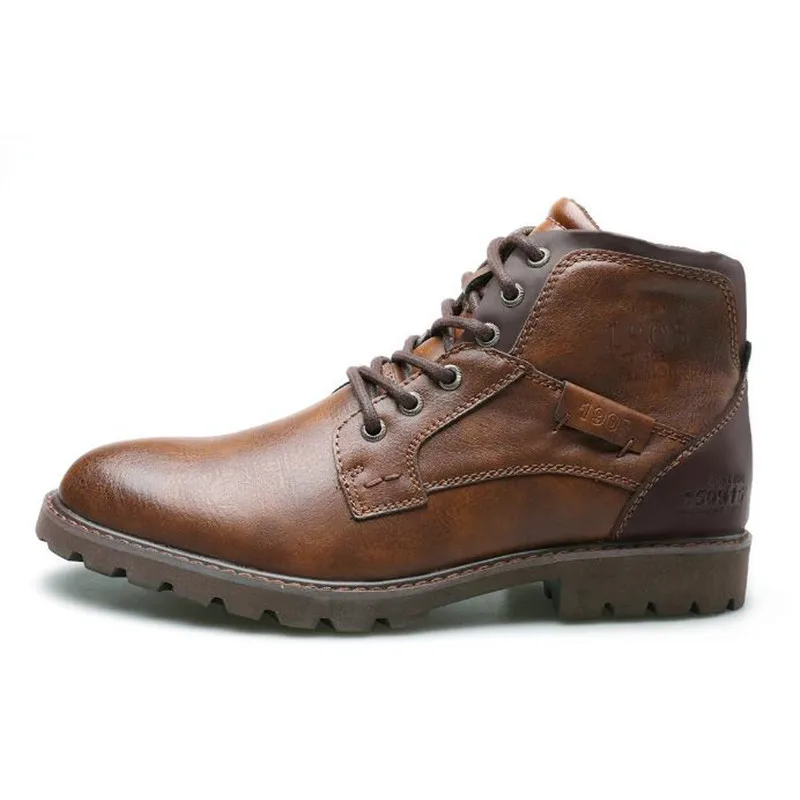 Leather Men Ankle Boots Plus Size High Top Shoes Outdoor Work Casual Shoes Motorcycle Military Combat Boots Fashion Autumn Brown