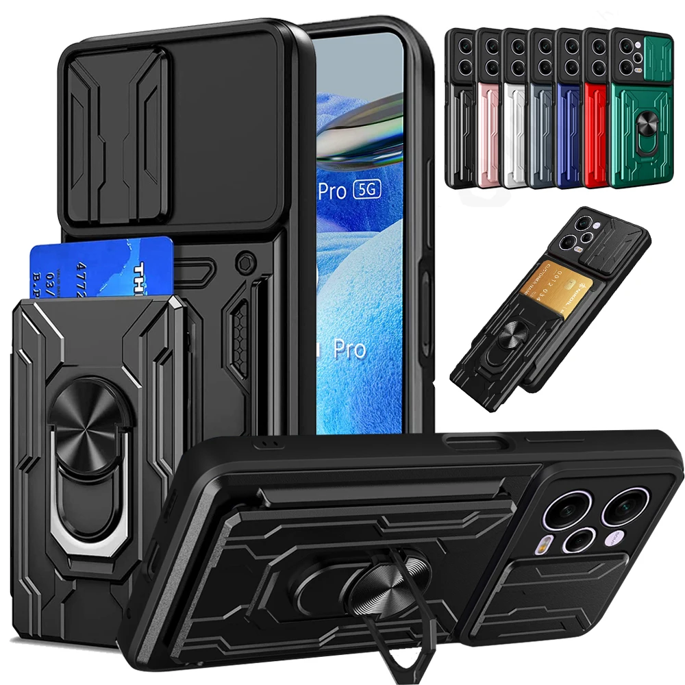 

HUIKAI For Xiaomi 12T 11T Redmi Note 12 11 11S Pro Max Case Card Holder Slide Camera Poco X4 X3 Ring Stand Armor Kickstand Cover