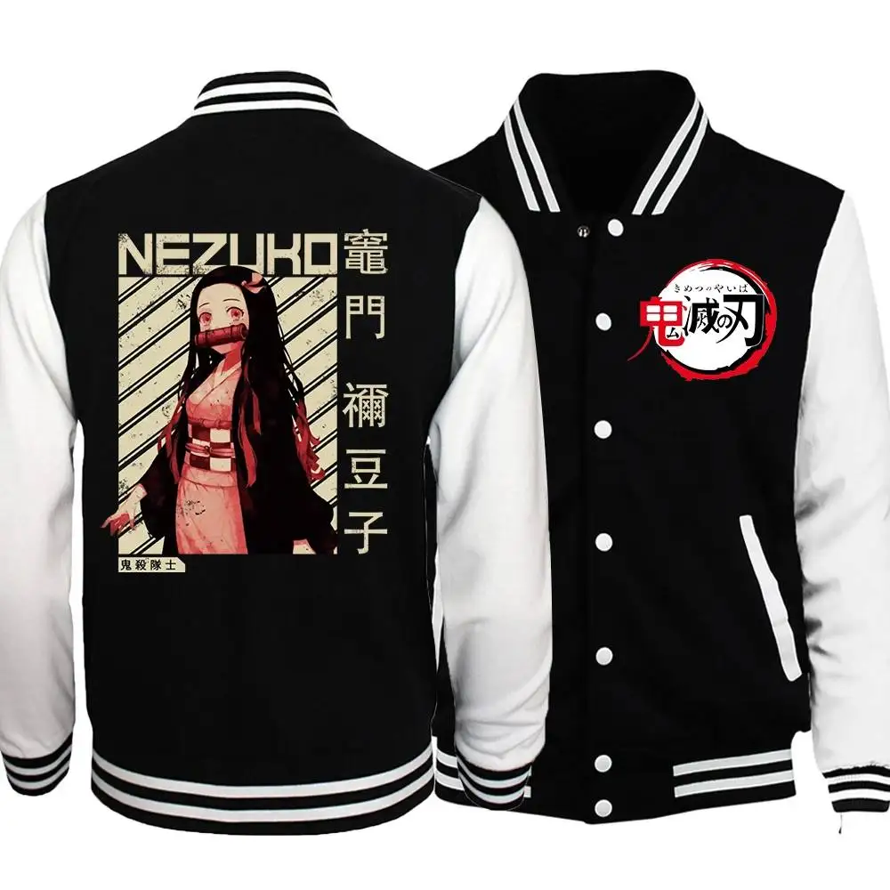 Demon Slayer Nezuko Kamado Baseball Jacket Zwart Roze Kimono Achterprint met Bamboe Snuit en Demon Slayer Corps Logo